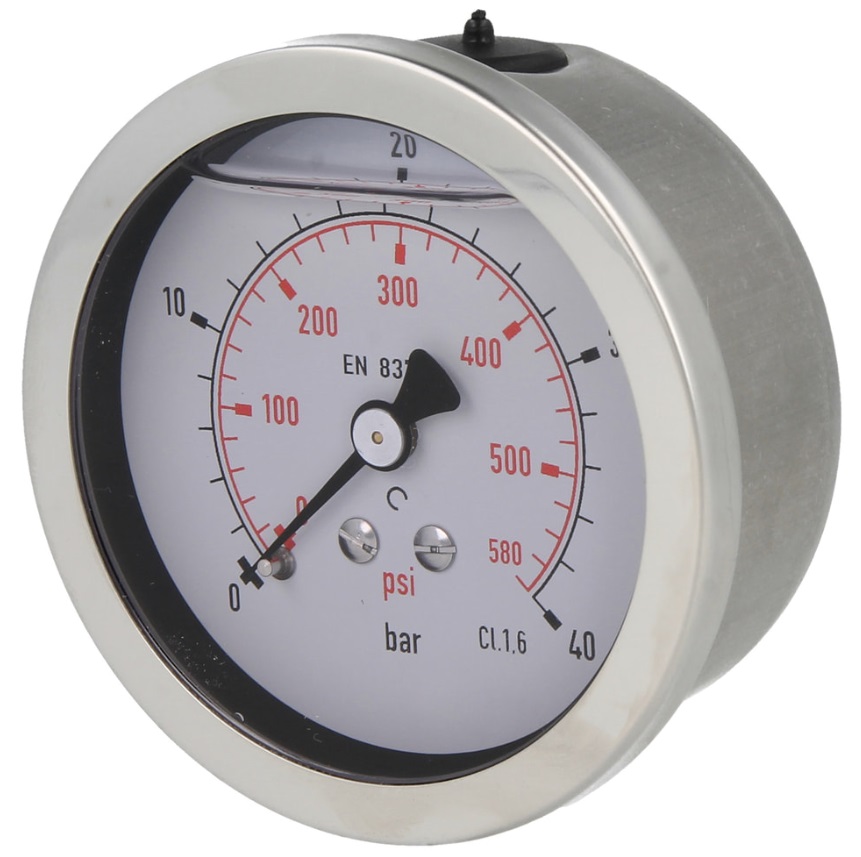 0-40 Bar Glycerine Filled Pressure Gauge, 1/4&quot; Axial 63mm Stainless Steel Body. Back Entry