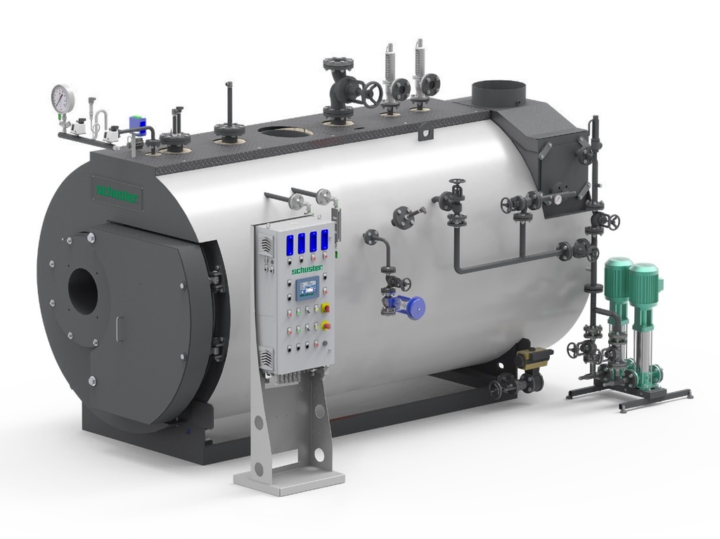 Schuster 2500 kg/hr DE 3G STD Steam Boiler. High Pressure Packaged Steam Boiler, three-pass fire tube. Standard Version. Without Burner. Output 2500 kg/hr from & at 100°C. Suitable for firing on gas or oil fuels.   